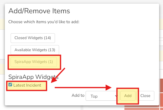 Add/Remove items screen with three highlighted items: "SpiraApp Widgets (1)" and then "Latest Incident" checkbox, and then "Add" button