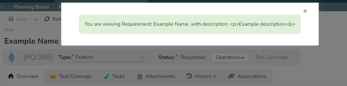 Popup on requirement details page with the requirement name and description