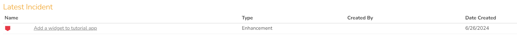 Widget with title "Latest Incident" containing a grid with Headers: "Name", "Type", "Created By", and "Date Created". The grid contains a single row with data: (incident icon) "Add a widget to tutorial app", "Enhancement", blank field, and "6/26/2024"