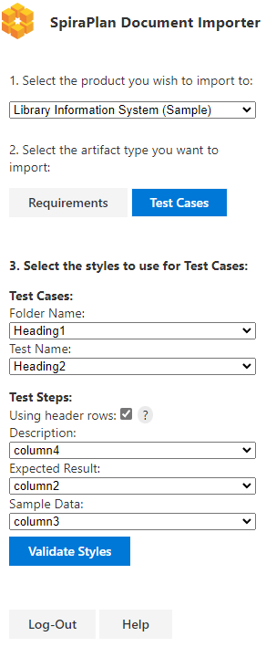 Add-in test case styles selection screen