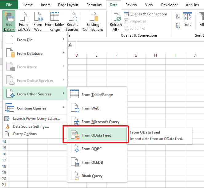 Excel's From OData Feed menu location