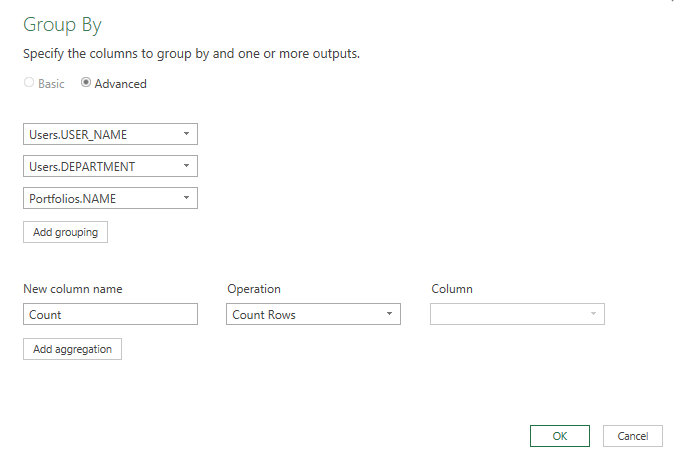 Group by dialog settings