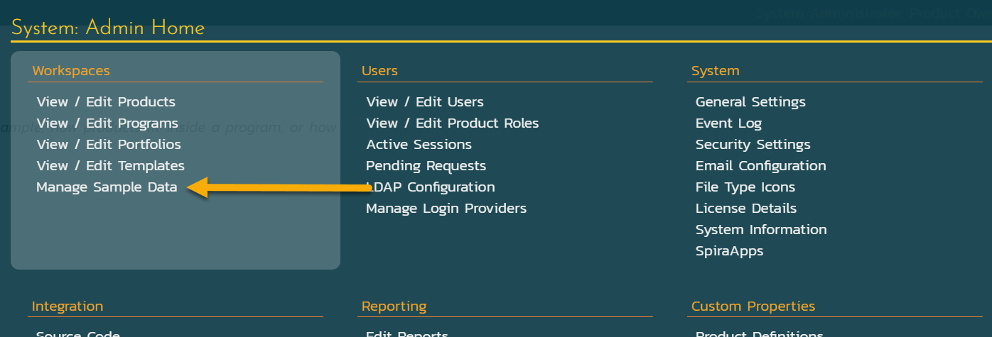 manage sample data admin menu