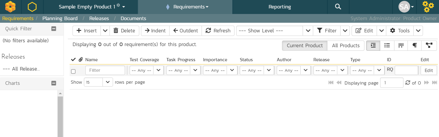 empty requirements list page