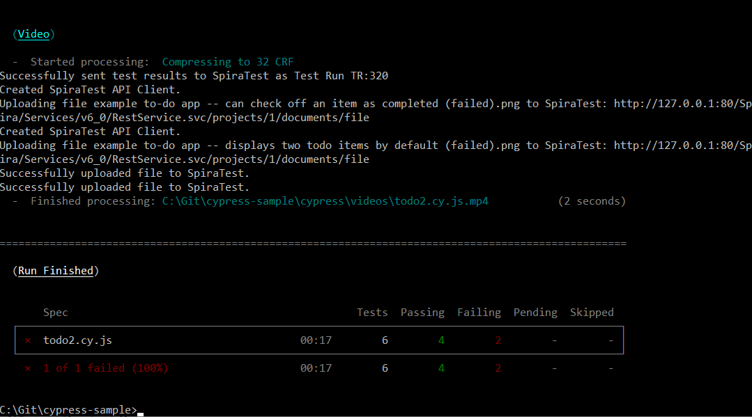 Console output when running the test using the Spira reporter