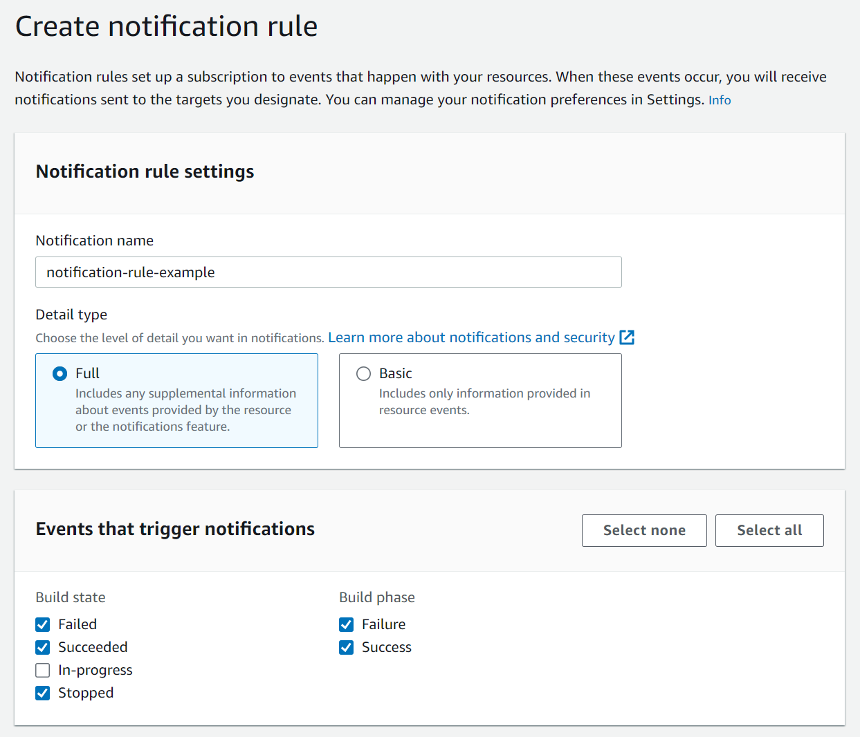 AWS CodeBuild notification rule settings