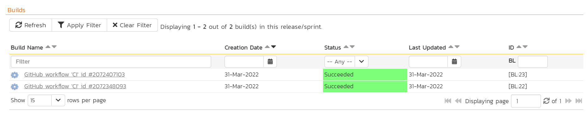 Build list on the release details page