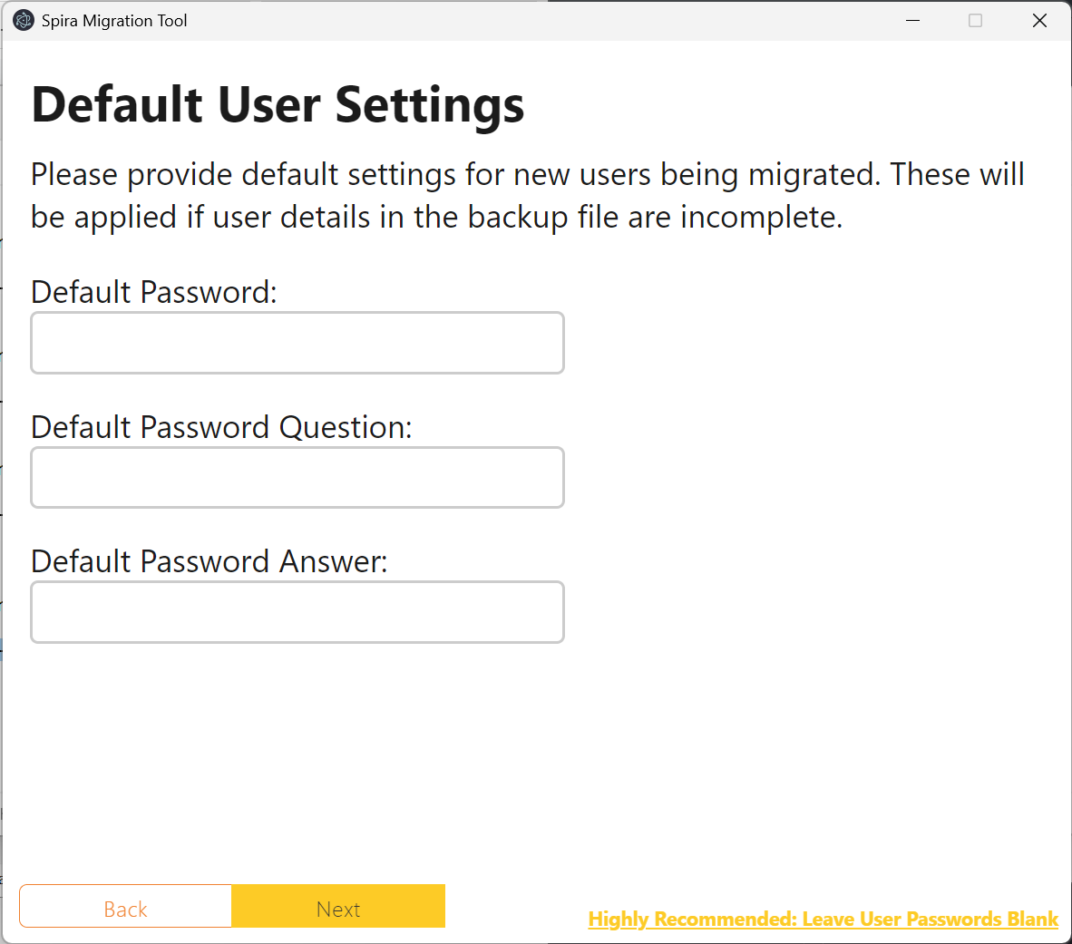 default user settings