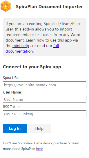Spira add-in login screen