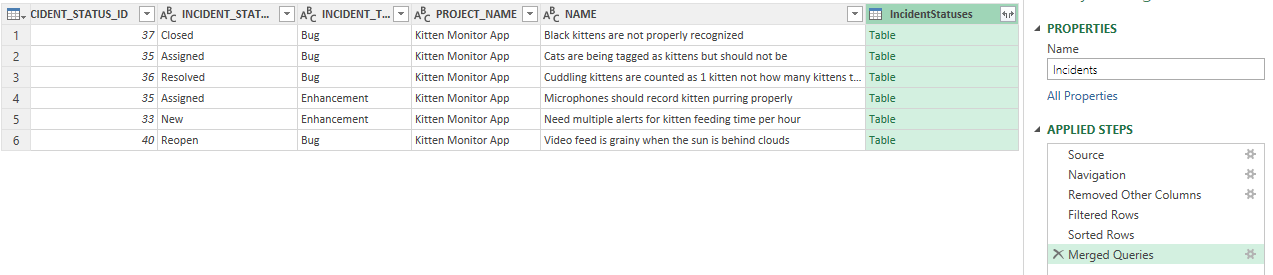 Output of merge of incidents with IncidentStatuses