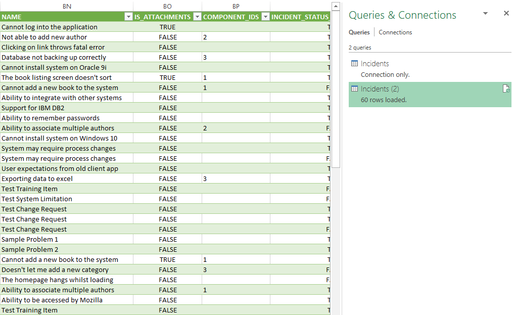 Incident data from Spira in Excel