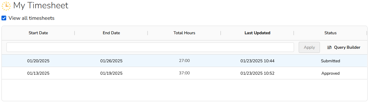 My timesheet list of timesheets