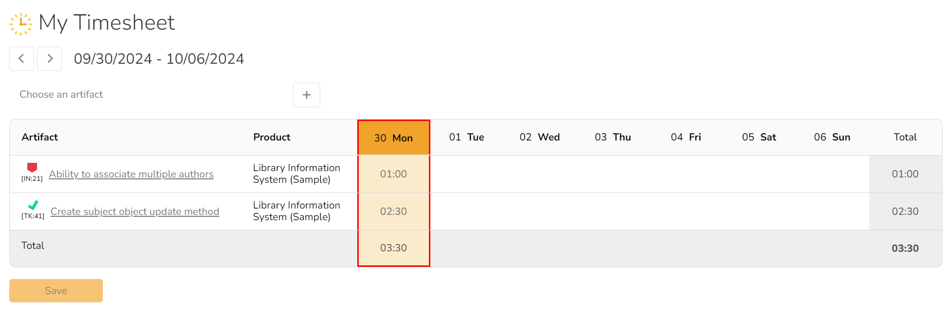 My Timesheet page example