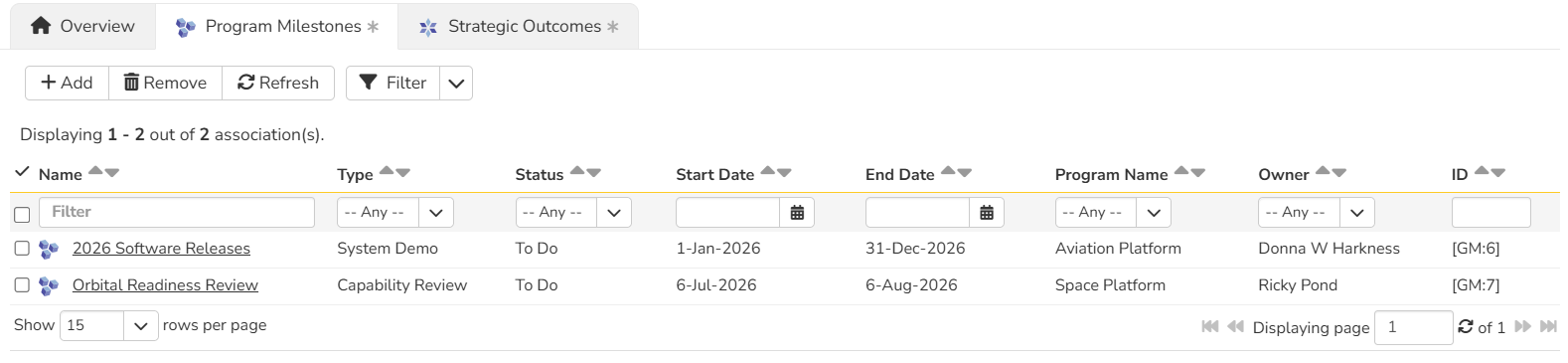 Portfolio Milestone program milestones tab