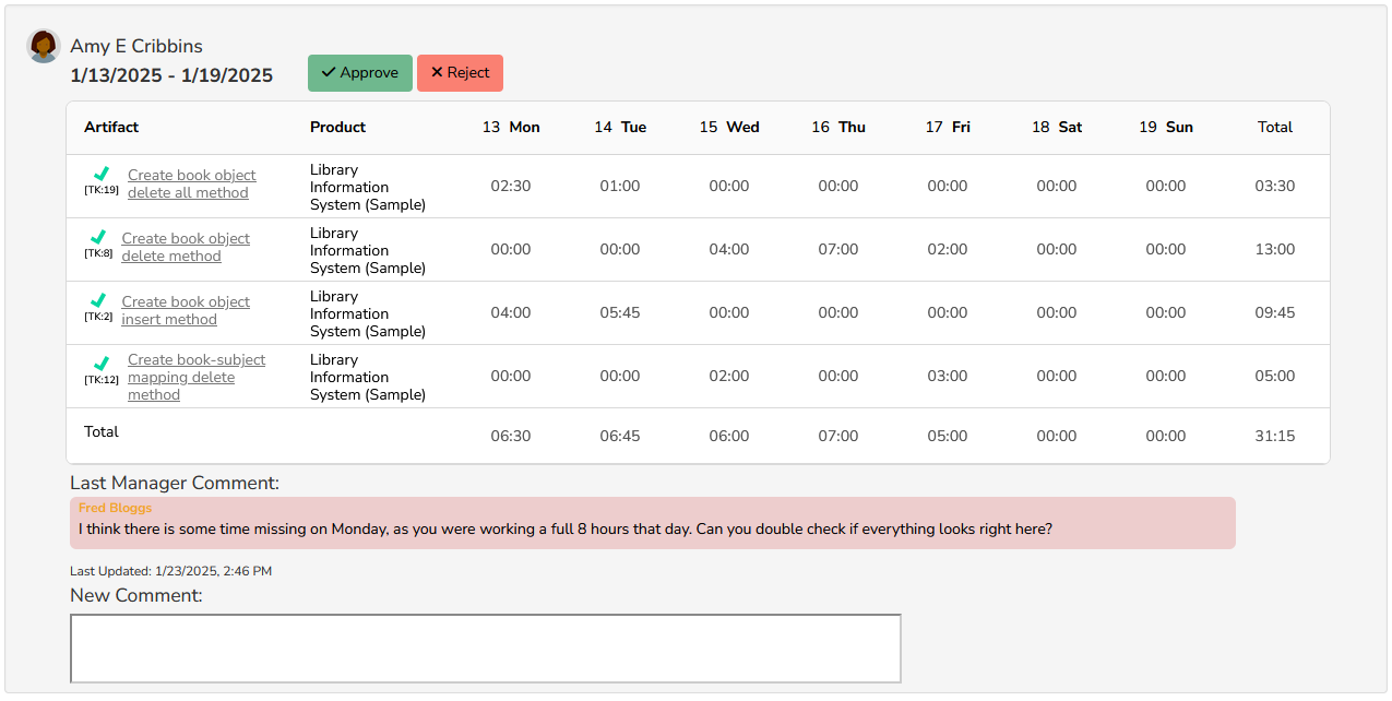 Timesheet approval details section with rejection comment