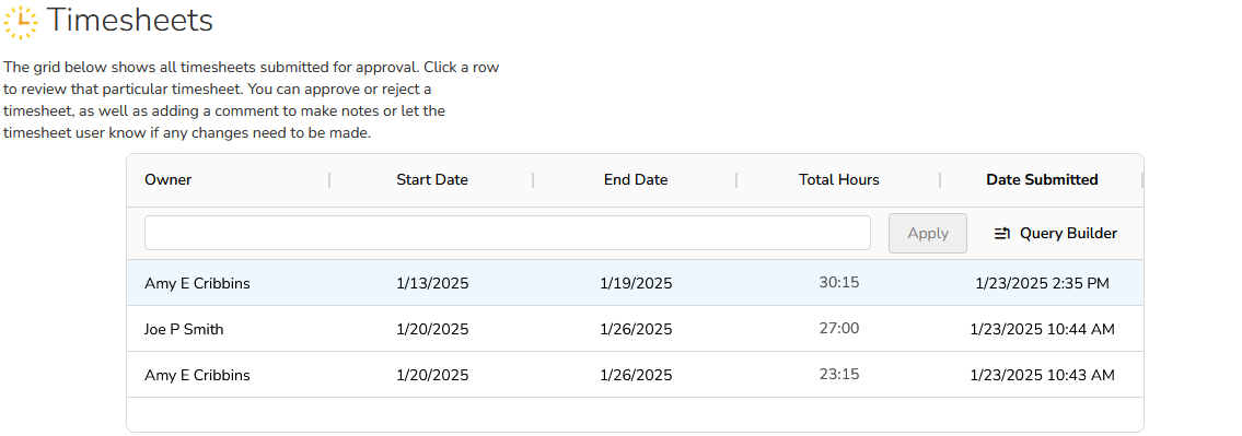 Timesheet approval summary grid