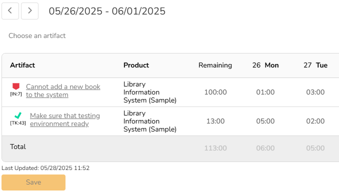 My Timesheet with remaining column displayed