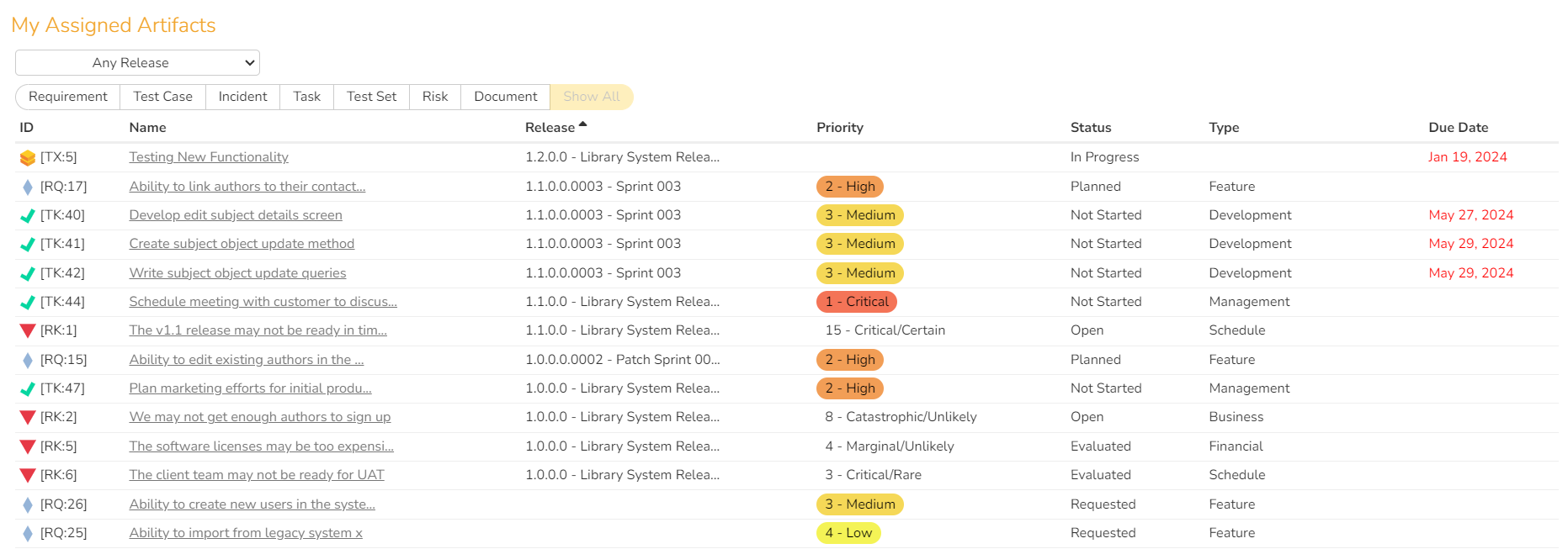 Widget showing owned artifacts in a table with a set of buttons above that include the artifact type names and "Show All", and a selection box above the buttons that says "Any Release"