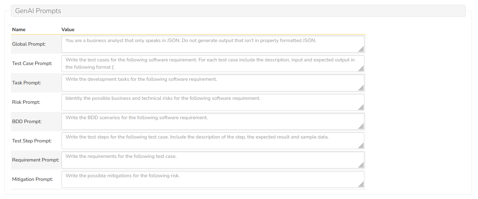 product prompt settings