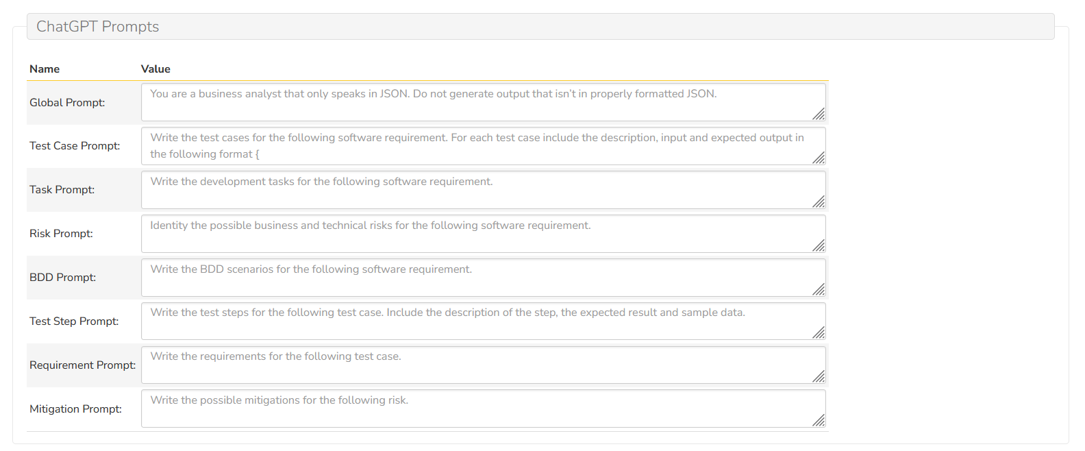 product prompt settings