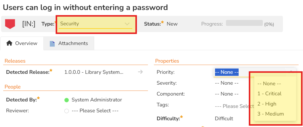 Incident has type of "Security" and the priority dropdown is selected, showing 3 options: "1 - Critical", "2 - High", "3 - Medium"