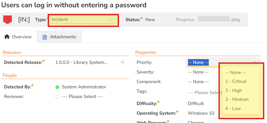 Incident has type of "Incident" and the priority dropdown is selected, showing 4 options: "1 - Critical", "2 - High", "3 - Medium", "4 - Low"