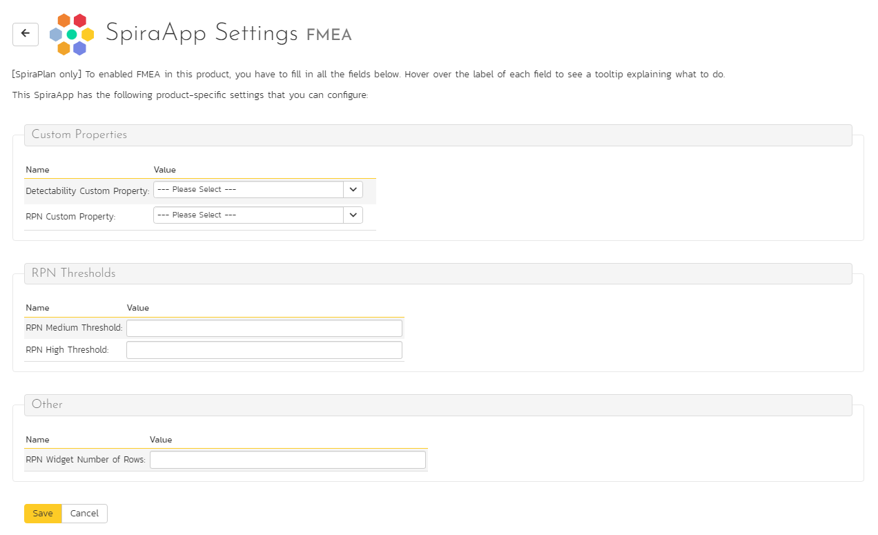 FMEA SpiraApp product settings