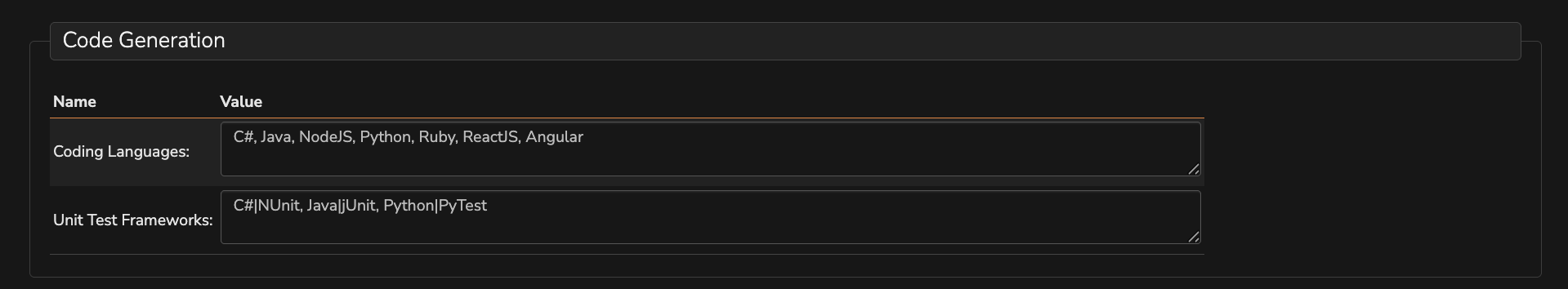 product settings page